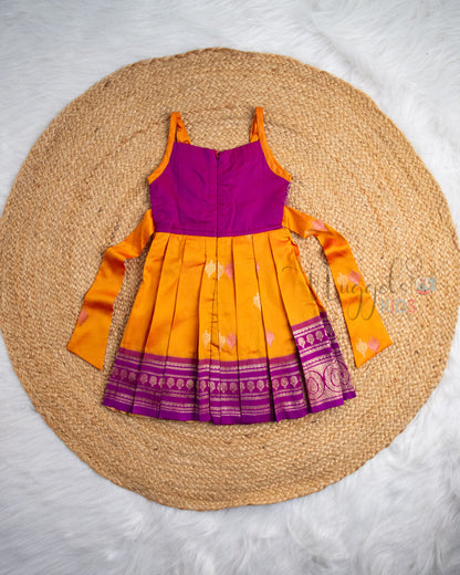 Ready to Ship: Orange And Purple Premium Kanchi Semi Silk Sleeveless Pattu Frock