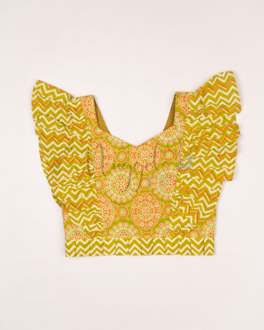 Ready to Ship: Green and Orange Shorts Set with Frilly Wing Sleeves and Loose Fit Shorts with statement Ruffle detailing