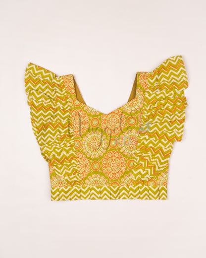 Ready to Ship: Green and Orange Shorts Set with Frilly Wing Sleeves and Loose Fit Shorts with statement Ruffle detailing