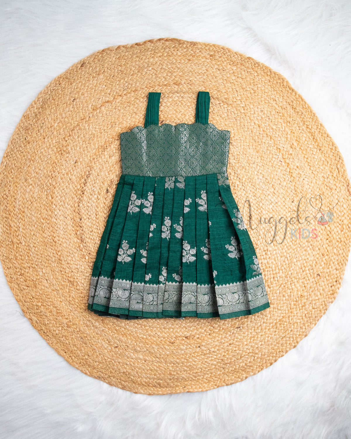 Ready to Ship: Bottle Green Banarasi Silk Frock with Scallop Neckline