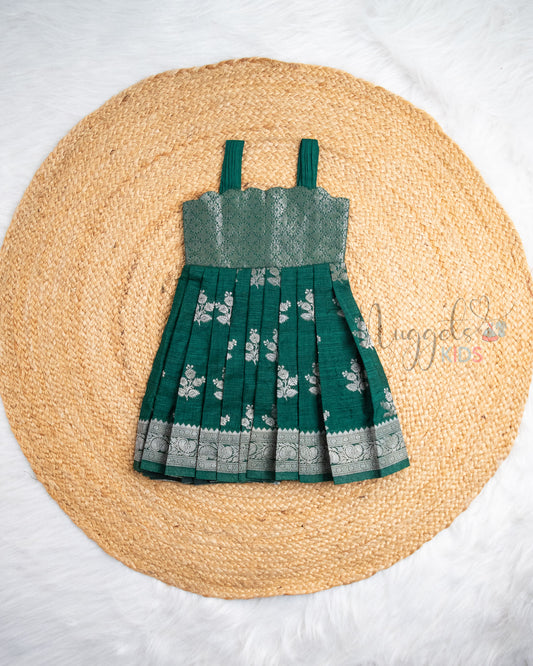 Ready to Ship: Bottle Green Banarasi Silk Frock with Scallop Neckline