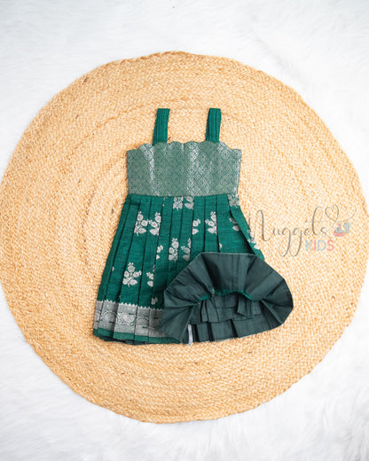 Ready to Ship: Bottle Green Banarasi Silk Frock with Scallop Neckline