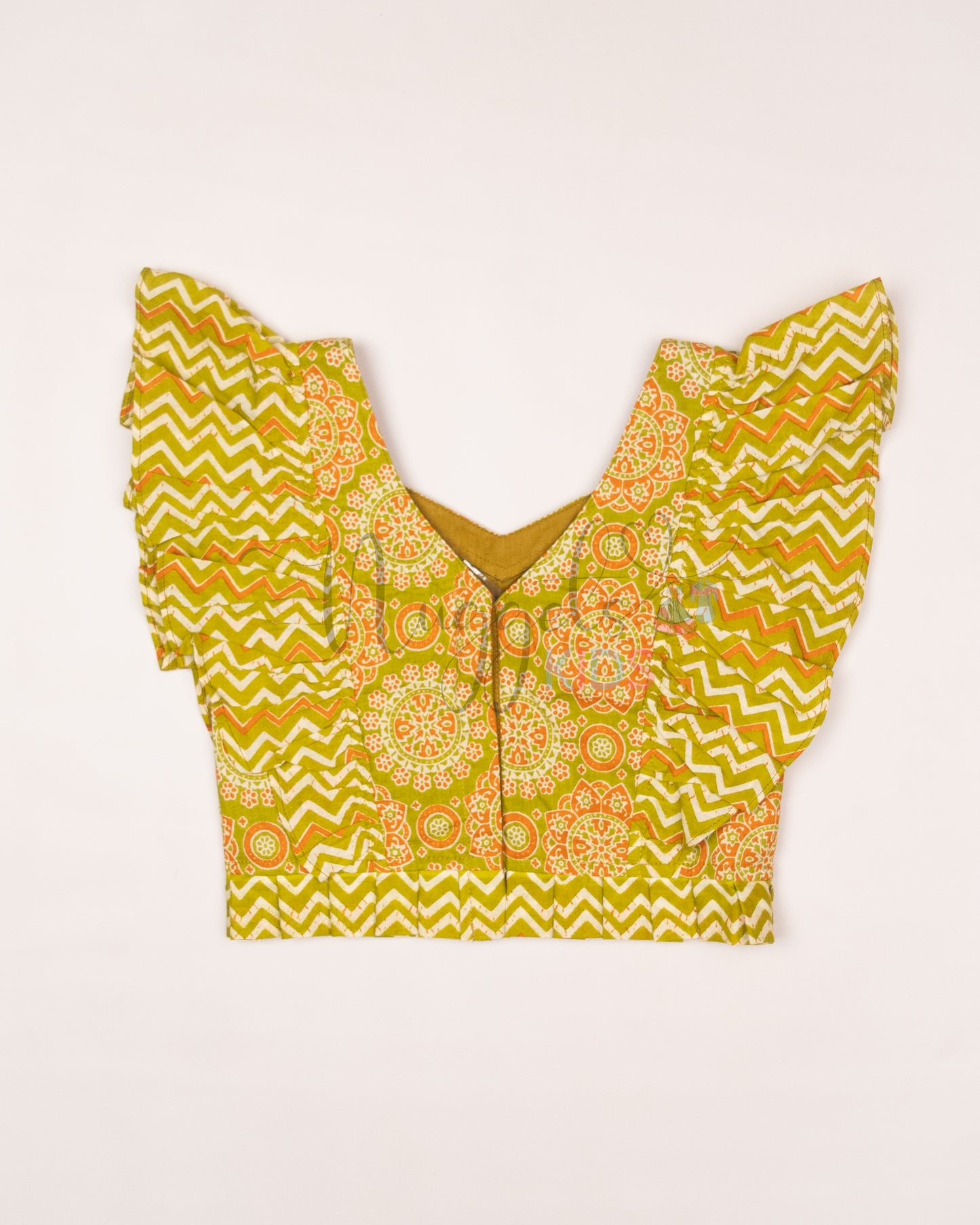 Ready to Ship: Green and Orange Shorts Set with Frilly Wing Sleeves and Loose Fit Shorts with statement Ruffle detailing