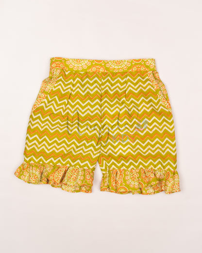 Ready to Ship: Green and Orange Shorts Set with Frilly Wing Sleeves and Loose Fit Shorts with statement Ruffle detailing