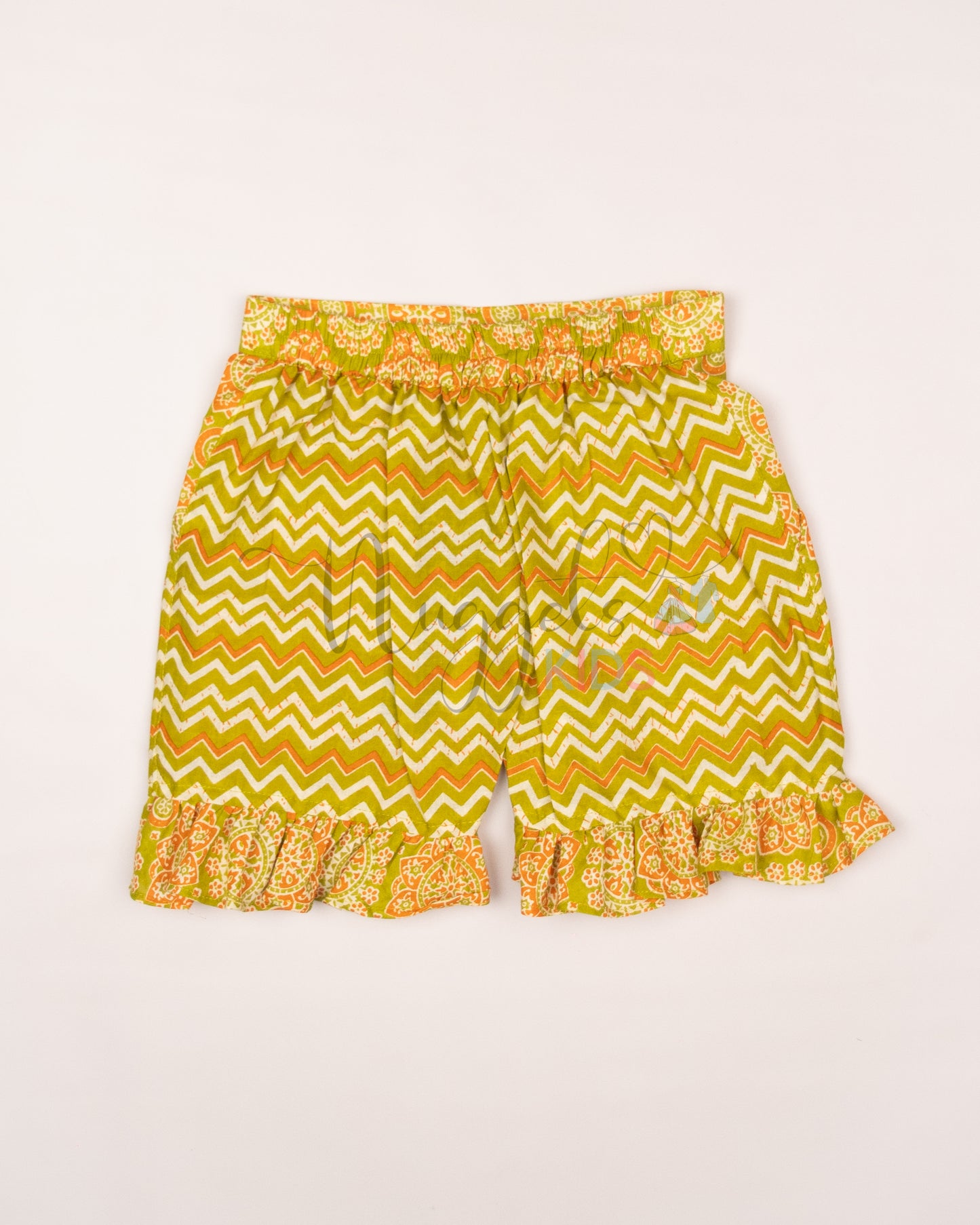 Ready to Ship: Green and Orange Shorts Set with Frilly Wing Sleeves and Loose Fit Shorts with statement Ruffle detailing