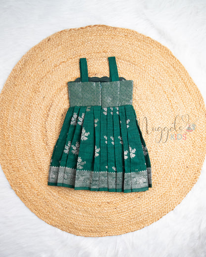 Ready to Ship: Bottle Green Banarasi Silk Frock with Scallop Neckline