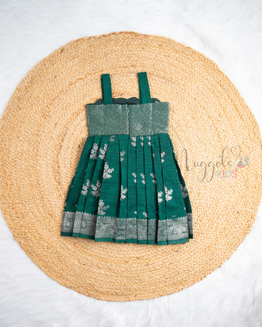 Ready to Ship: Bottle Green Banarasi Silk Frock with Scallop Neckline