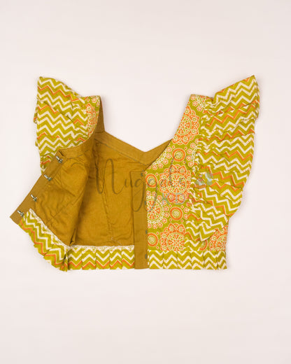 Ready to Ship: Green and Orange Shorts Set with Frilly Wing Sleeves and Loose Fit Shorts with statement Ruffle detailing