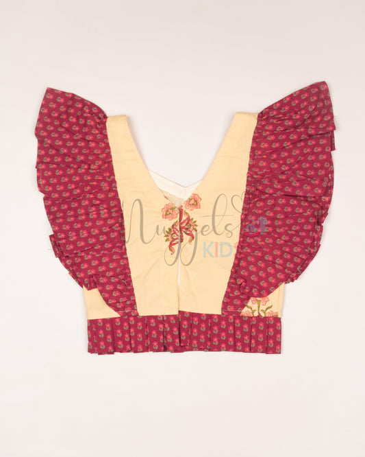 Ready to Ship: Cream and Fuchsia Shorts Set with Frilly Wing Sleeves and Loose Fit Shorts with statement Ruffle detailing