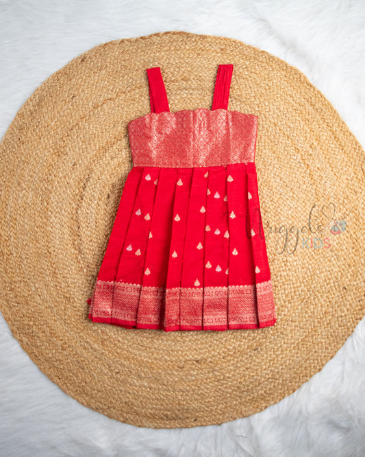 Ready to Ship: Red Banarasi Silk Frock with Scallop Neckline