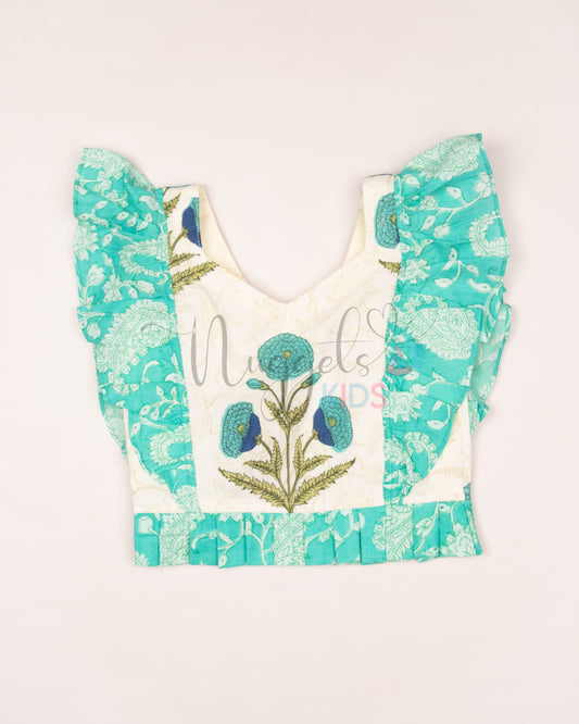 Ready to Ship: White and Turquoise Shorts Set with Frilly Wing Sleeves and Loose Fit Shorts with statement Ruffle detailing