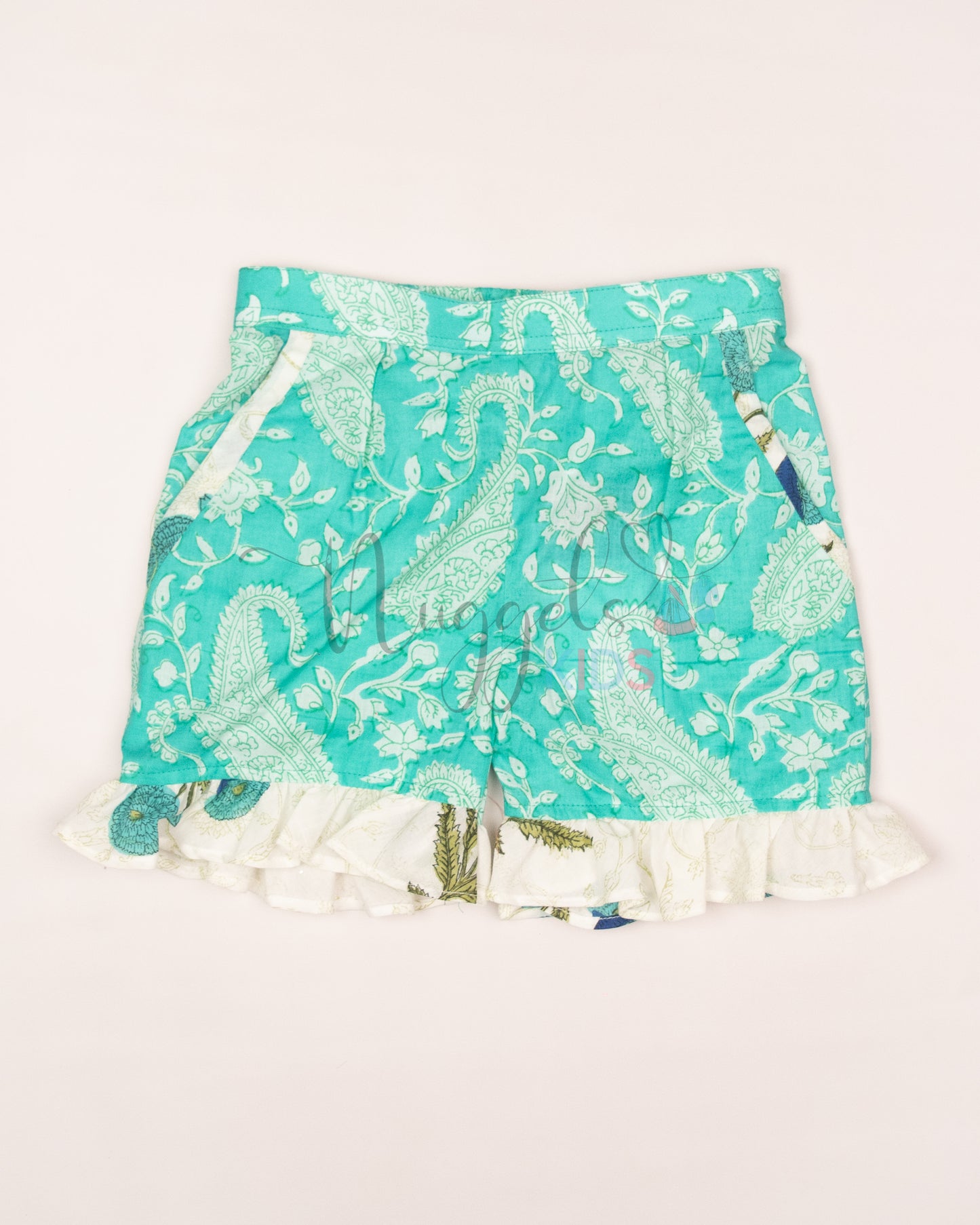 Ready to Ship: White and Turquoise Shorts Set with Frilly Wing Sleeves and Loose Fit Shorts with statement Ruffle detailing