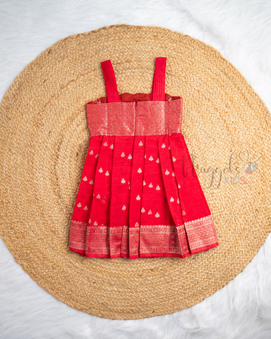 Ready to Ship: Red Banarasi Silk Frock with Scallop Neckline