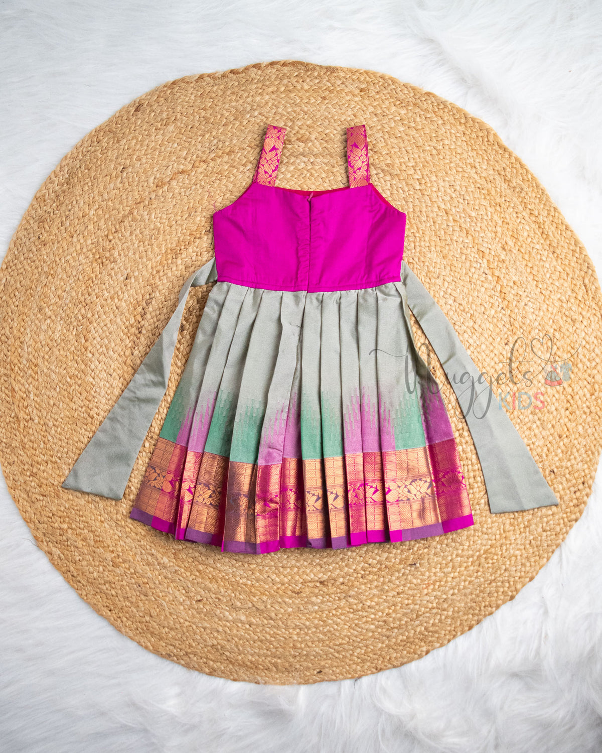 Ready to Ship: Ruby Pink And Gray Ikkat Semi Silk  Pattu Frock