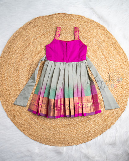 Ready to Ship: Ruby Pink And Gray Ikkat Semi Silk  Pattu Frock