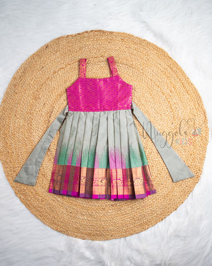 Ready to Ship: Ruby Pink And Gray Ikkat Semi Silk  Pattu Frock