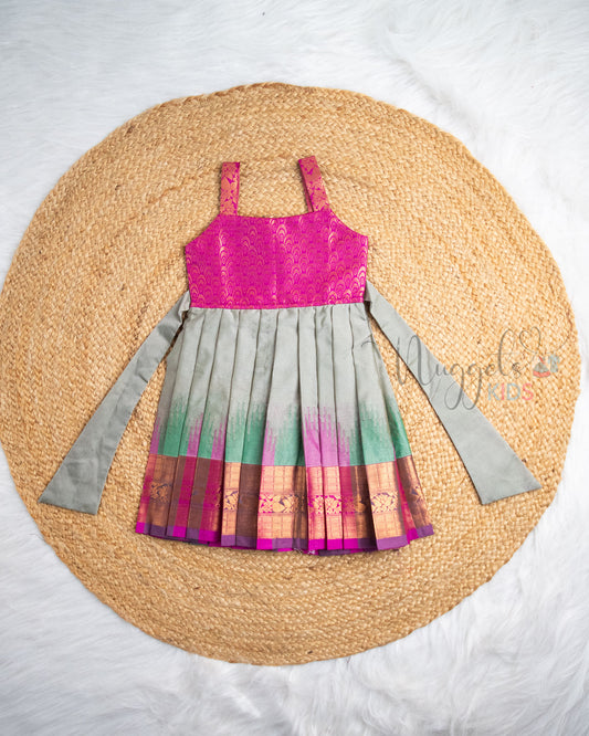Ready to Ship: Ruby Pink And Gray Ikkat Semi Silk  Pattu Frock