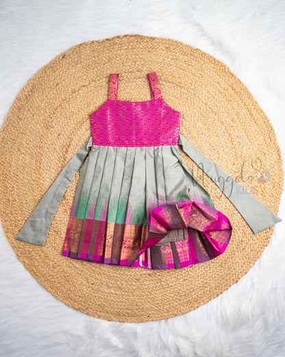 Ready to Ship: Ruby Pink And Gray Ikkat Semi Silk  Pattu Frock