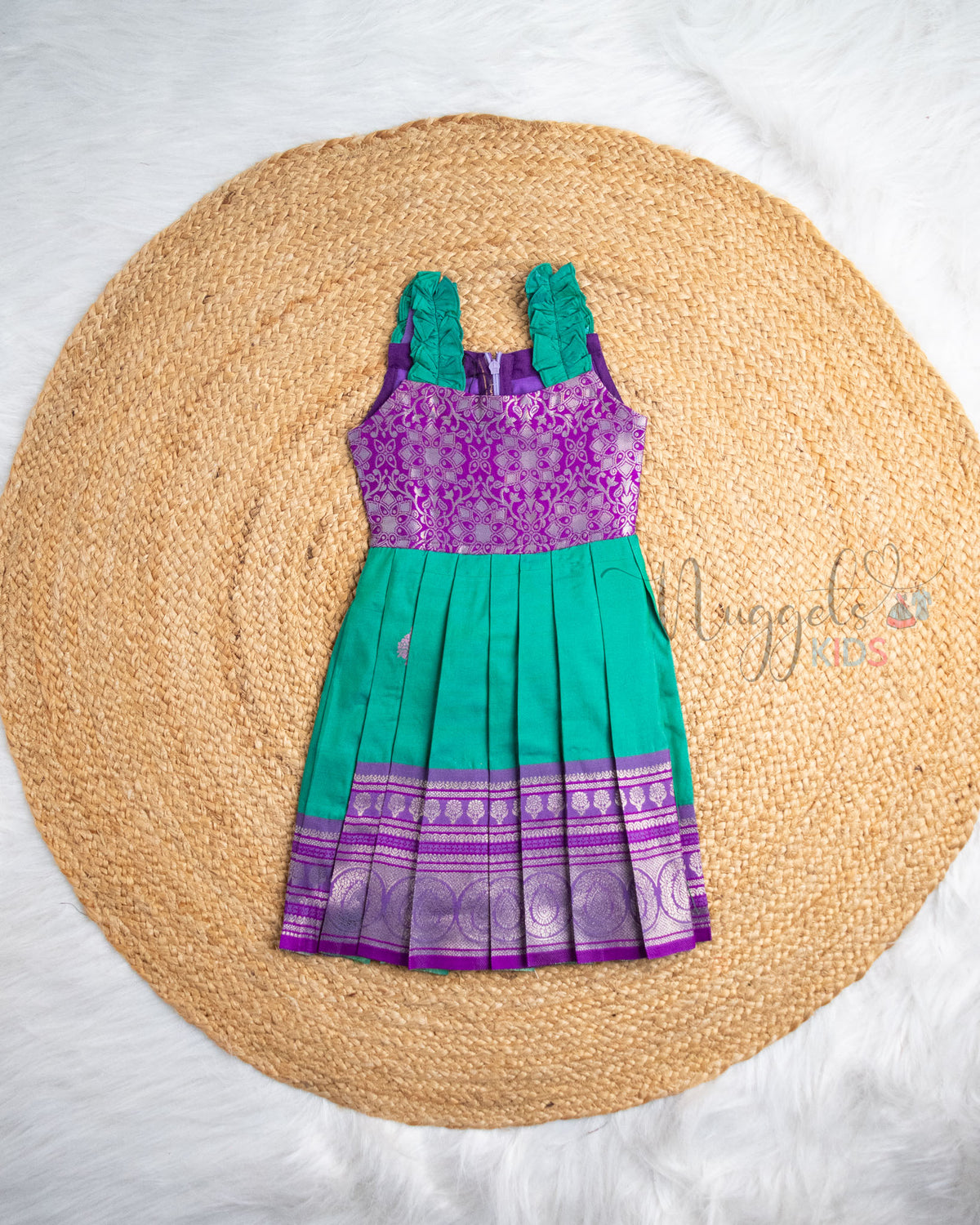 Ready to Ship: Teal And Purple Semi Silk Pattu Frock with Frill Detailing