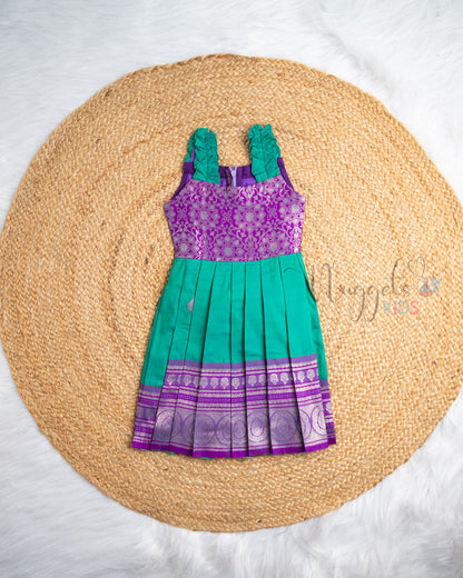 Ready to Ship: Teal And Purple Semi Silk Pattu Frock with Frill Detailing