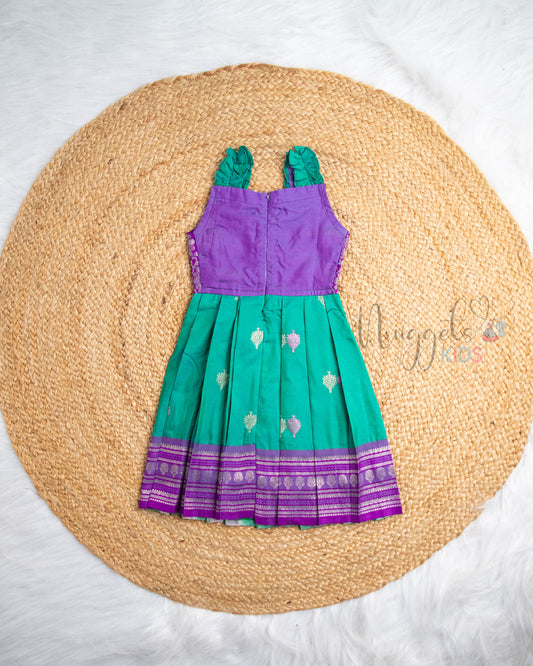 Ready to Ship: Teal And Purple Semi Silk Pattu Frock with Frill Detailing