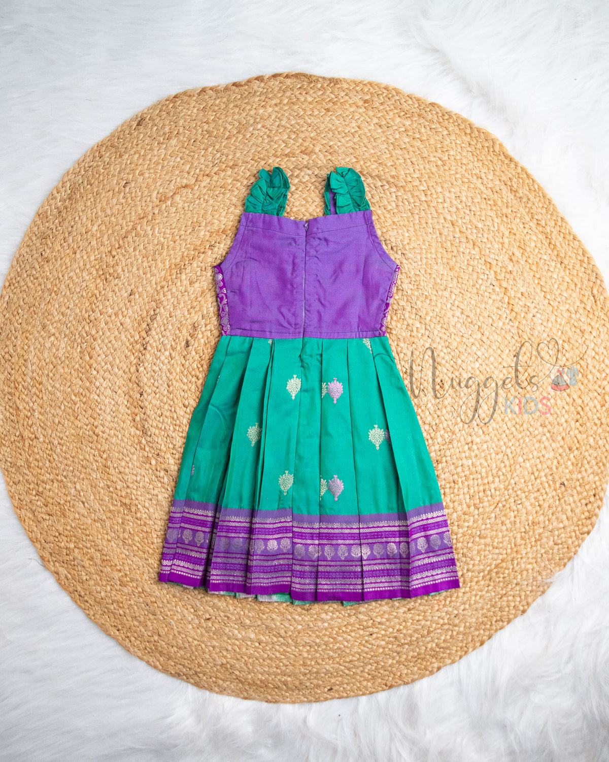 Ready to Ship: Teal And Purple Semi Silk Pattu Frock with Frill Detailing