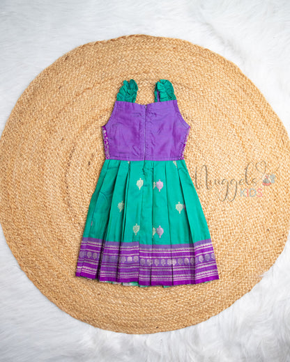 Ready to Ship: Teal And Purple Semi Silk Pattu Frock with Frill Detailing