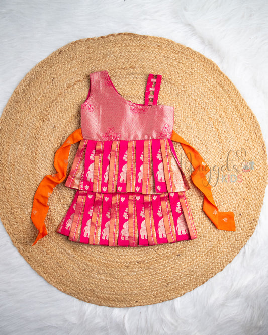 Ready to Ship: Bright Pink Chiniya Silk One Shoulder Yoke Two Layer Pattu Frock