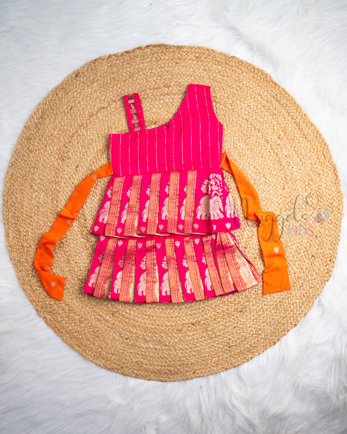 Ready to Ship: Bright Pink Chiniya Silk One Shoulder Yoke Two Layer Pattu Frock