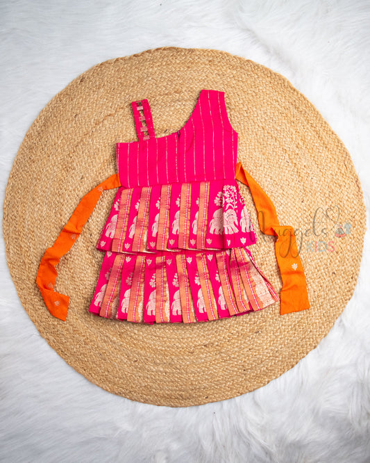 Ready to Ship: Bright Pink Chiniya Silk One Shoulder Yoke Two Layer Pattu Frock