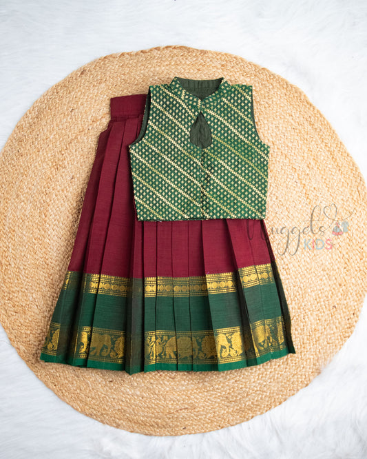 Ready to Ship: Bottle Green & Maroon Chettinad Pattu Pavada