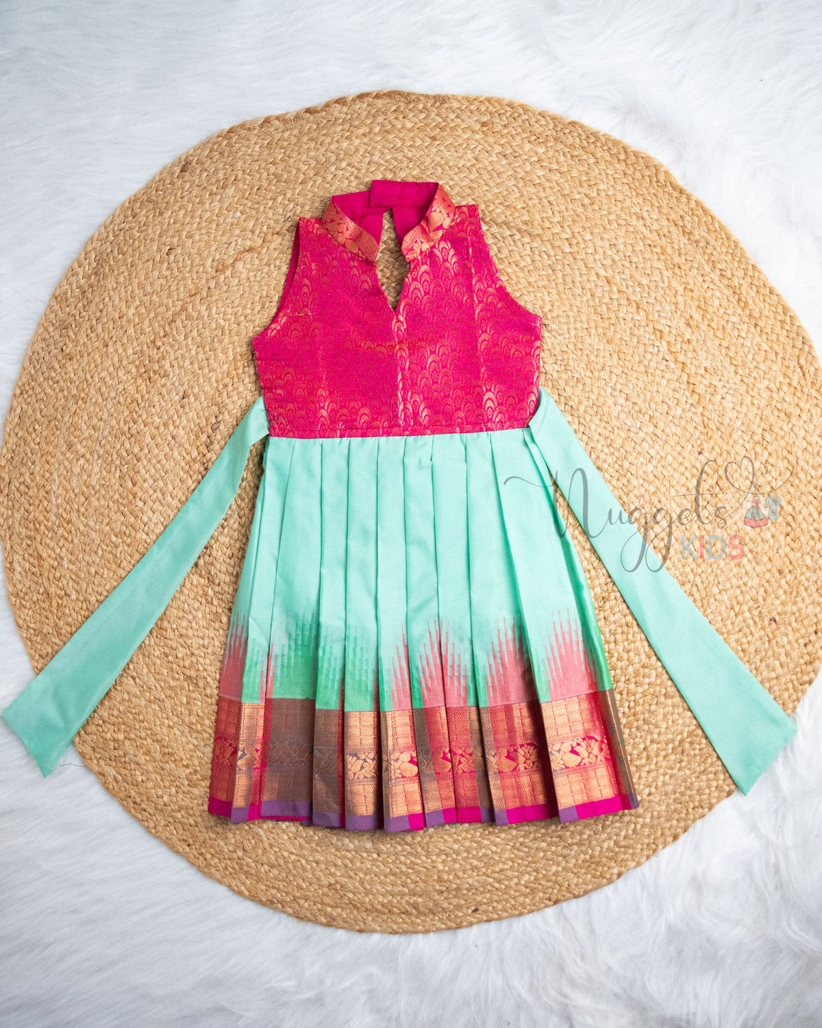 Ready to Ship: Pink And Turquoise Ikkat Semi Silk  Pattu Frock