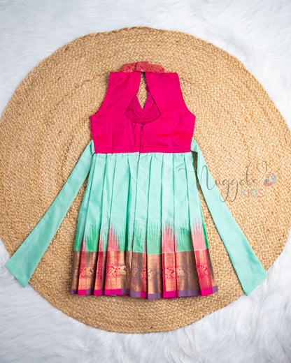 Ready to Ship: Pink And Turquoise Ikkat Semi Silk  Pattu Frock