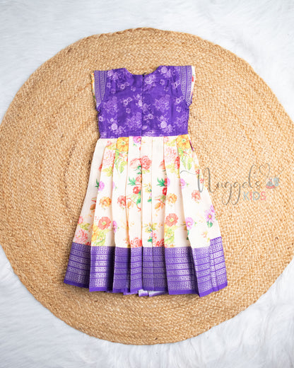 Ready to Ship: Violet With Off-white Printed Pattu Frock