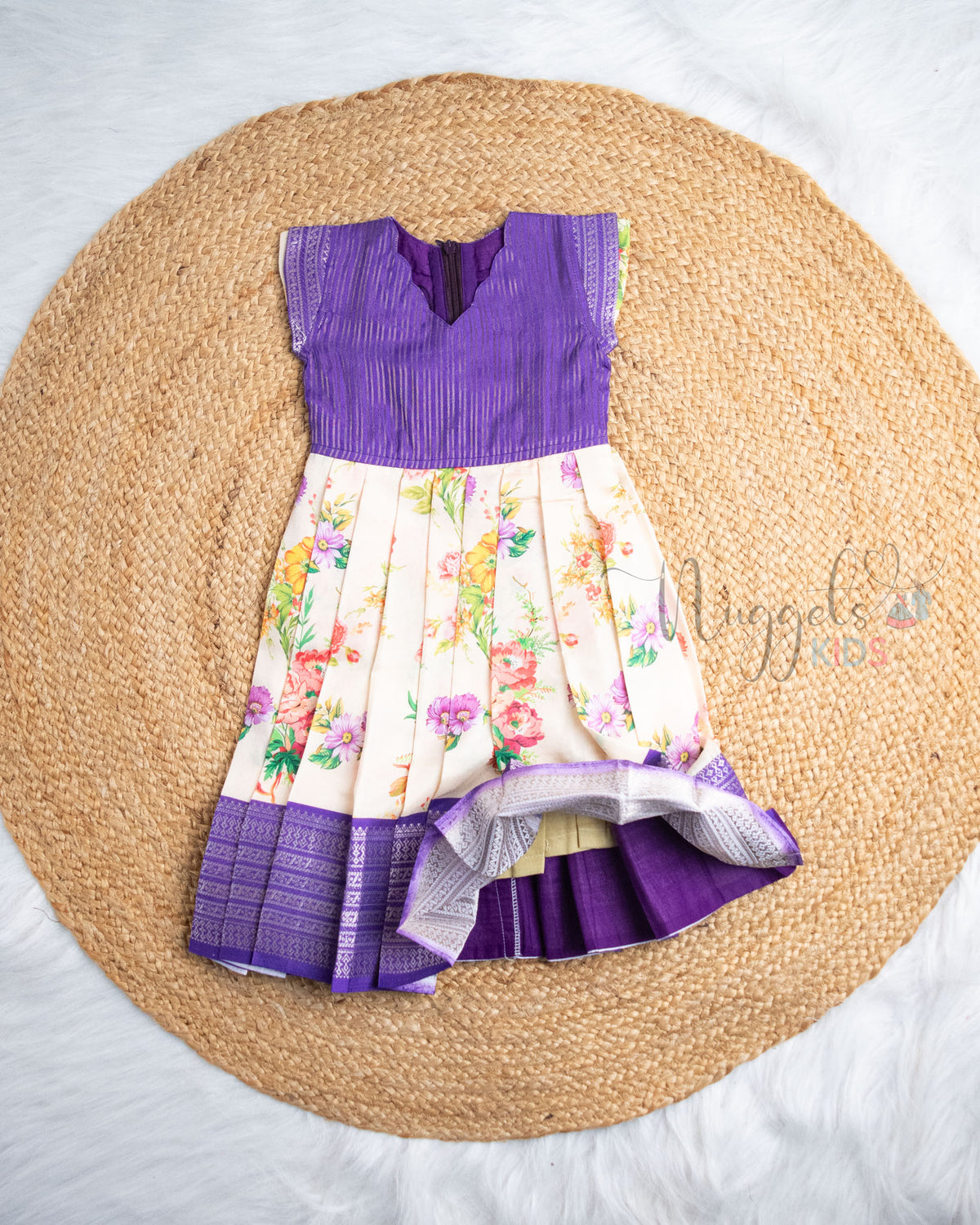 Ready to Ship: Violet With Off-white Printed Pattu Frock