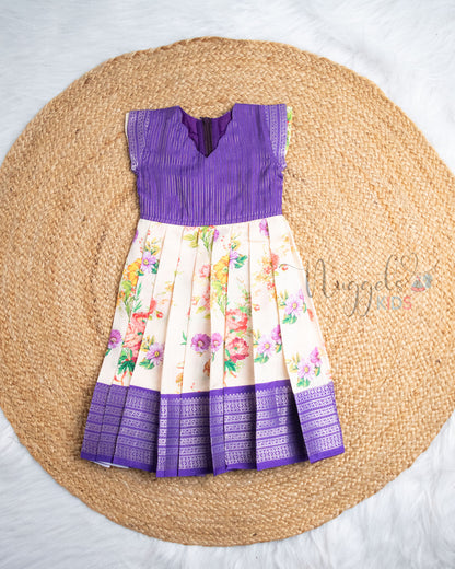 Ready to Ship: Violet With Off-white Printed Pattu Frock