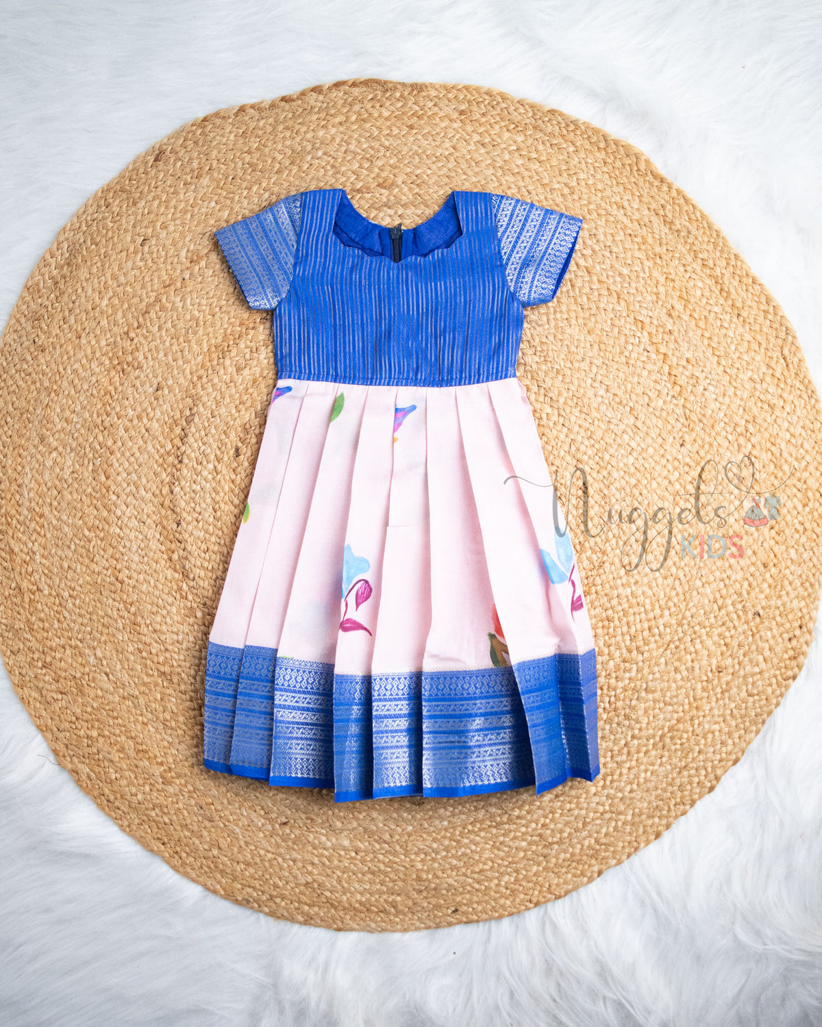 Ready to Ship: Blue With Baby Pink Printed Pattu Frock