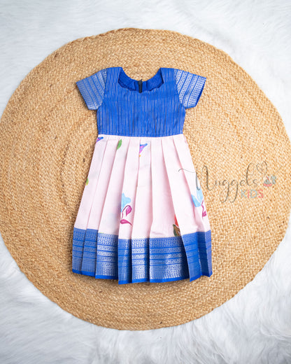 Ready to Ship: Blue With Baby Pink Printed Pattu Frock