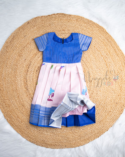 Ready to Ship: Blue With Baby Pink Printed Pattu Frock