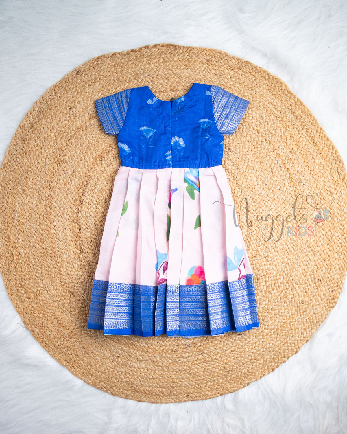 Ready to Ship: Blue With Baby Pink Printed Pattu Frock