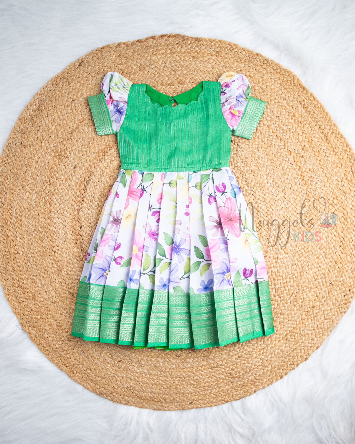 Ready to Ship: Green With Cream Printed Pattu Frock