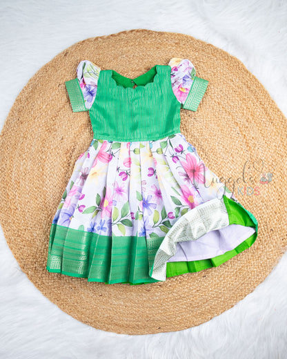 Ready to Ship: Green With Cream Printed Pattu Frock