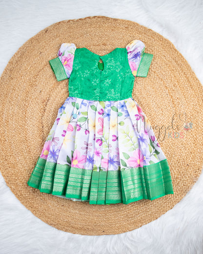 Ready to Ship: Green With Cream Printed Pattu Frock