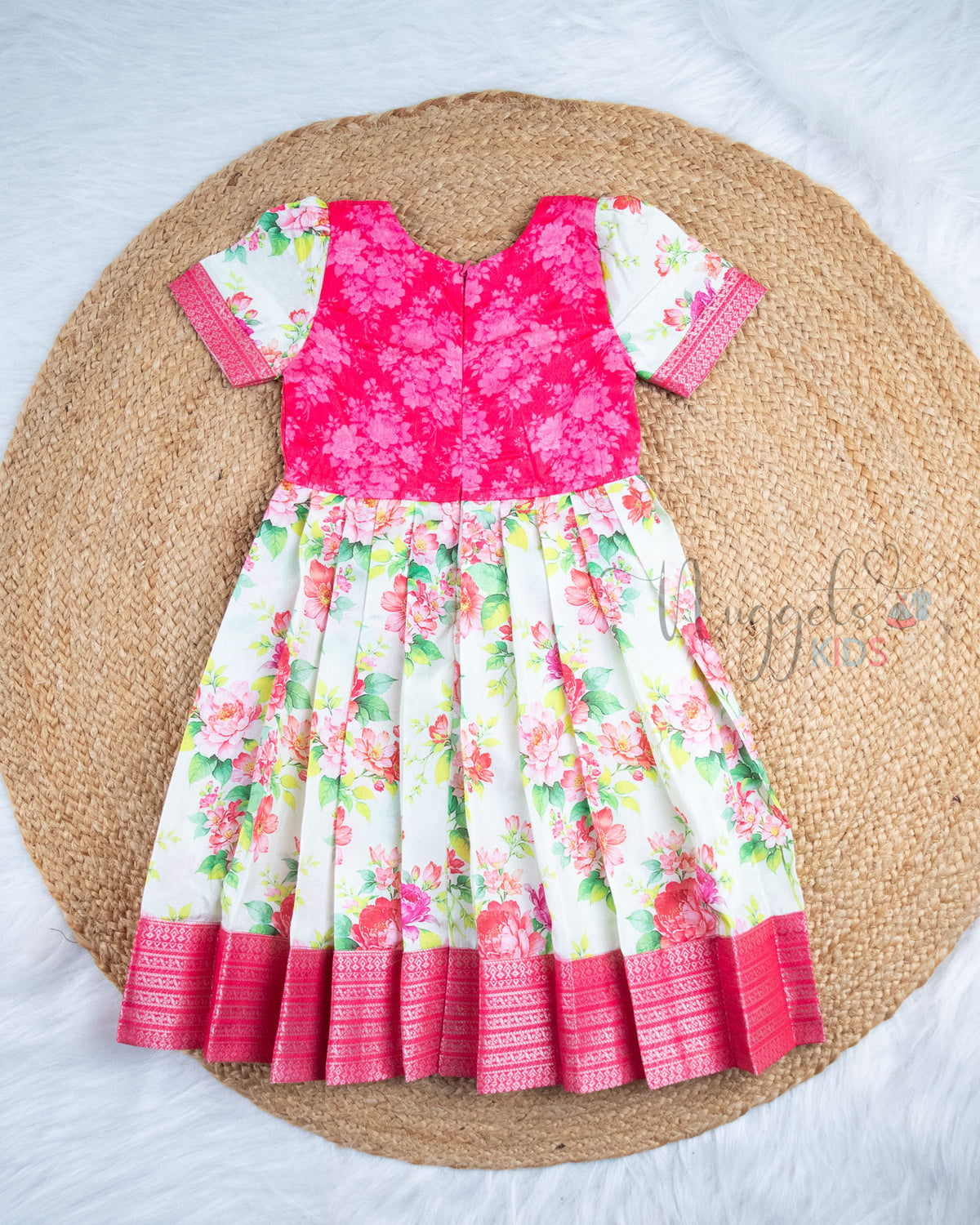 Ready to Ship: Rose Pink With Offwhite Printed Pattu Frock