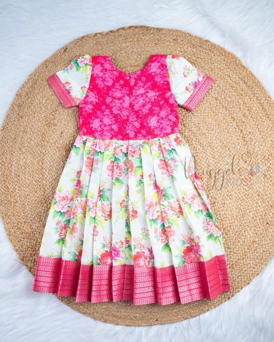 Ready to Ship: Rose Pink With Offwhite Printed Pattu Frock
