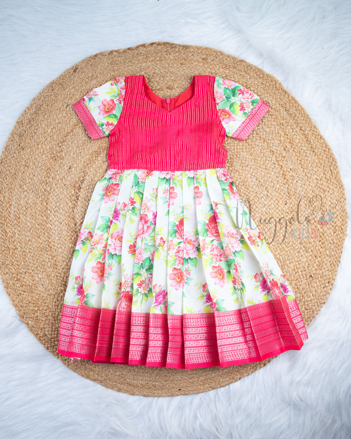 Ready to Ship: Rose Pink With Offwhite Printed Pattu Frock