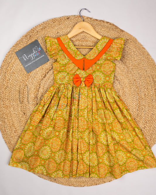 Ready to Ship: Green & Orange Double Collar Cotton Frock with Ruffle Sleeves