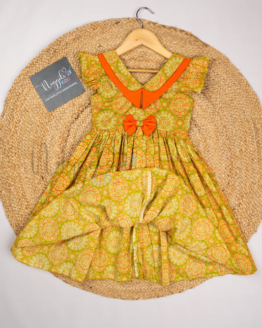 Ready to Ship: Green & Orange Double Collar Cotton Frock with Ruffle Sleeves