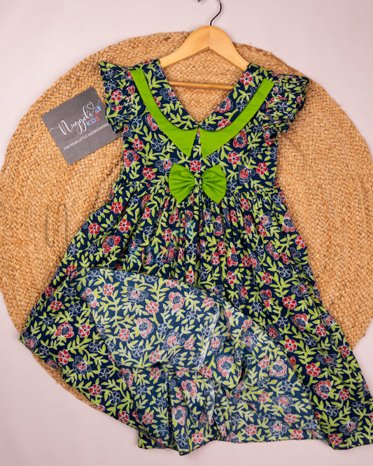 Ready to Ship: Ink Blue & Green Double Collar Cotton Frock with Ruffle Sleeves
