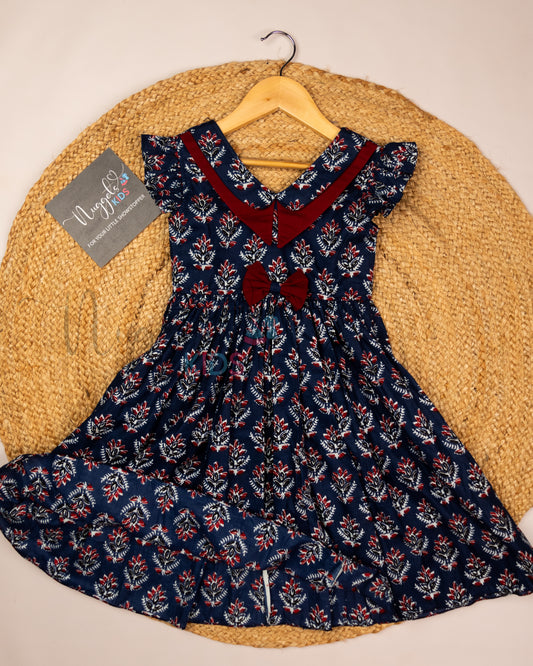 Ready to Ship: Ink Blue & Maroon Double Collar Cotton Frock with Ruffle Sleeves